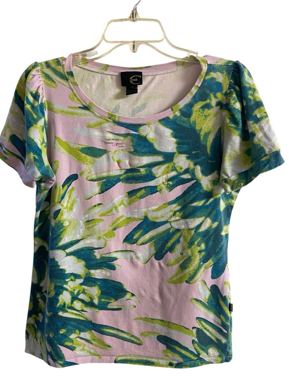 Roberto Cavalli Just Cavalli Pink Floral Brush Stroke Painted Short Sleeve Tee L